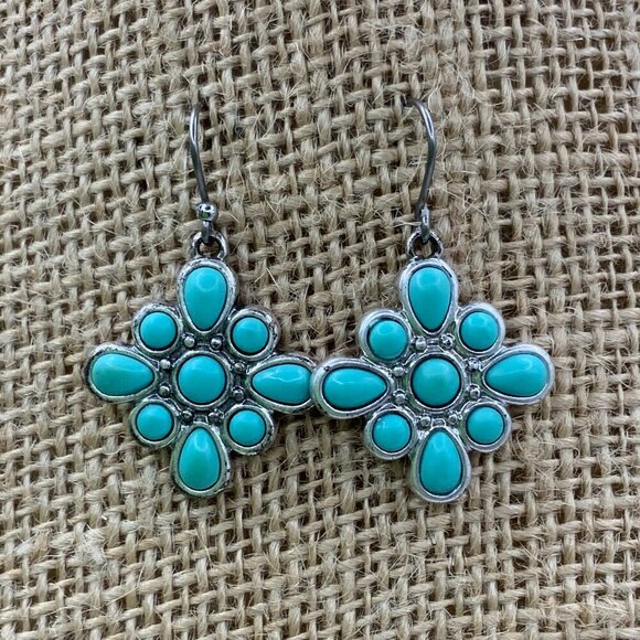 Lucky Brand Jewelry - Lucky Brand Distressed Silver Tone Faux Turquoise Blossom Dangle Earrings